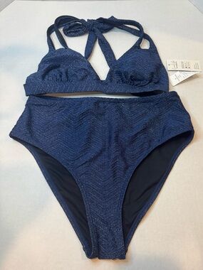 Cupshe Navy Blue Shimmery High-Waist Bikini